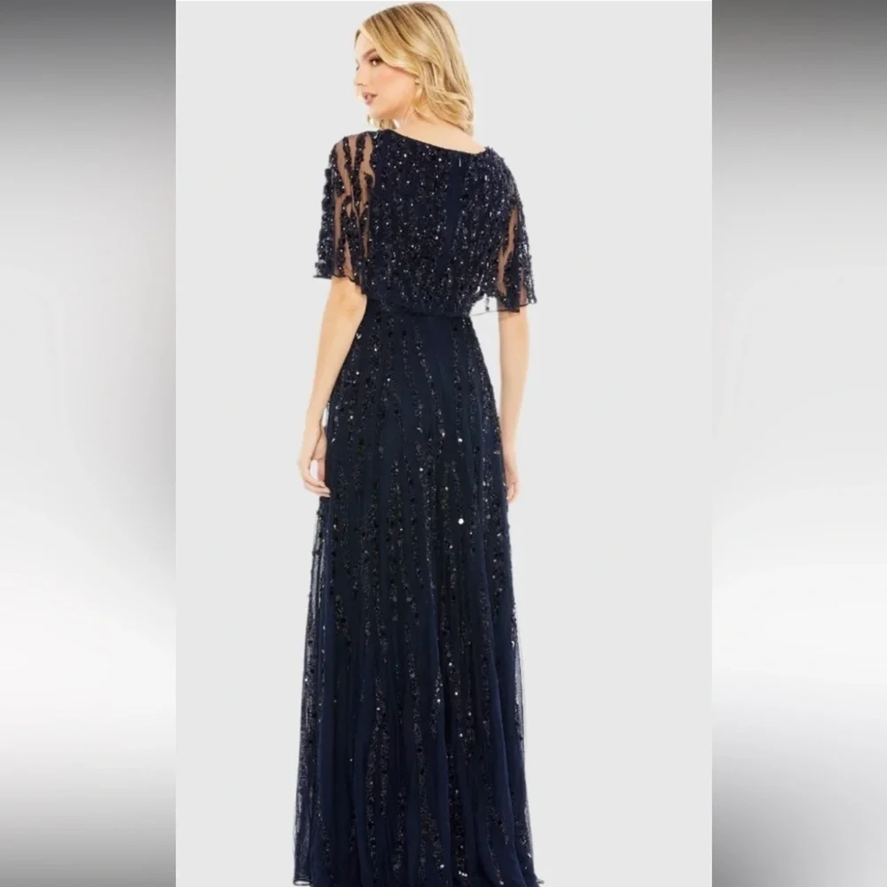 NWT | Mac Duggal Blue 93784 Midnight Blue Maxi Gown Flutter Sleeves Size 10 - Picture 4 of 15